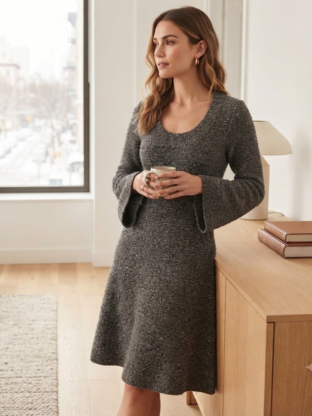 *MAX STUDIO* Charcoal Wool Sweater Dress | Heather Knit | Bell Sleeve Mini